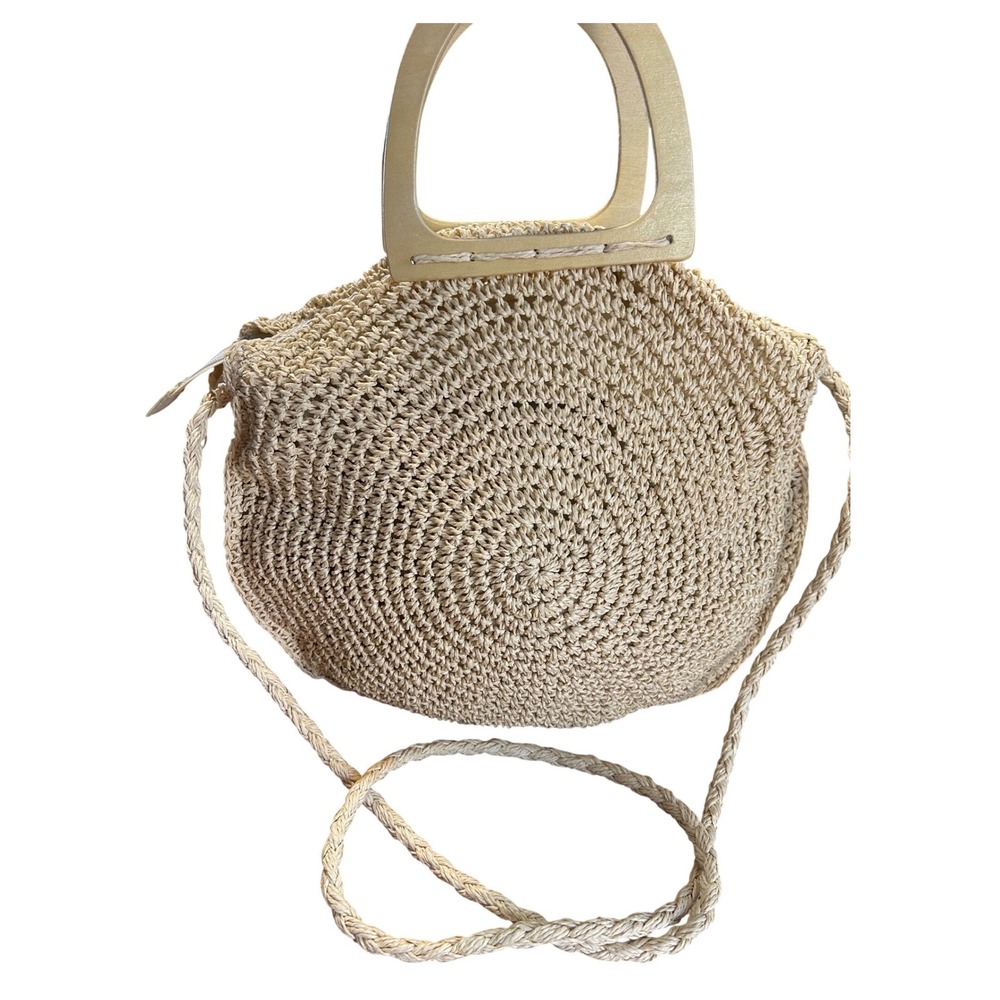 3AM Forever Round Natural Raffia Style Wood Handle Boho Straw Beach Bag